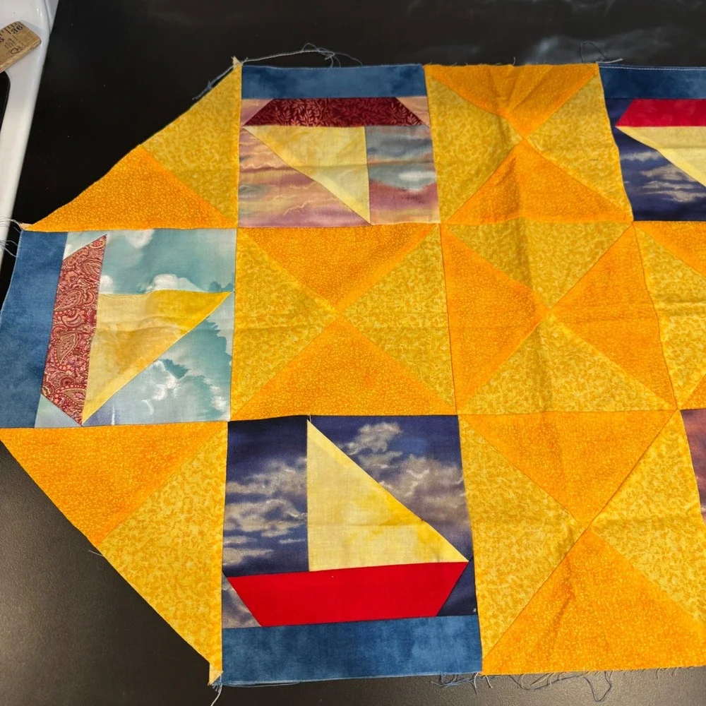 Handmade Quilted Table Runner Small Yellow Blue Sailboat Nautical Patchwork Art